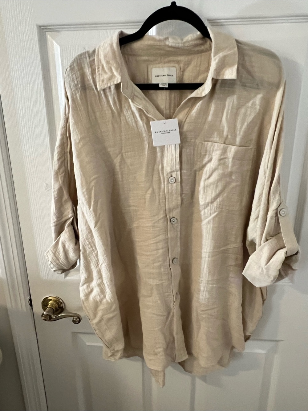 American Eagle Outfitters Cream Lightweight Button-Front Shirt